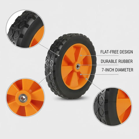 Heavy Duty Orange Solid Rubber Caster Wheel 7 Inch Non Pneumatic Replacement For Lawn Mower And Grill Base That Rolls Smooth Over Pavement Or Grass Without The Flat Tire Hassle Or Annoying Maintenance Work Required