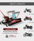Heavy Duty Hydraulic Motorcycle Lift Jack Up To 1500 Lbs Portable Steel ATV Lift Stand With Wheels And Handle Great For Motorcycles Dirt Bikes And ATVs Red, showing weight capacity for various motorcycles.