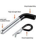 Heavy Duty Trailer Hitch Pins And Clips Four Pack, 5/8 Inch Diameter With Rubber Coated Black Grip, 3-1/2 Inch Usable Length