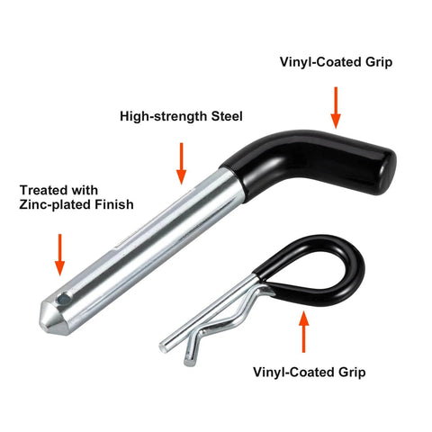 Heavy Duty Trailer Hitch Pins And Clips Four Pack, 5/8 Inch Diameter With Rubber Coated Black Grip, 3-1/2 Inch Usable Length