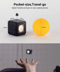 RM01 Mini LED Video Light Pro Grade On The Go Waterproof Portable Lighting Kit with size details and hand tossing the light