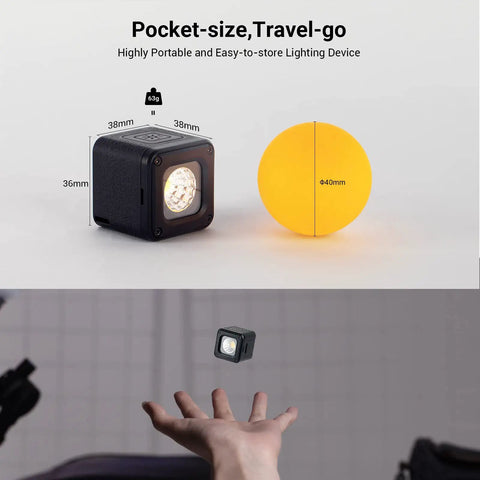 RM01 Mini LED Video Light Pro Grade On The Go Waterproof Portable Lighting Kit with size details and hand tossing the light