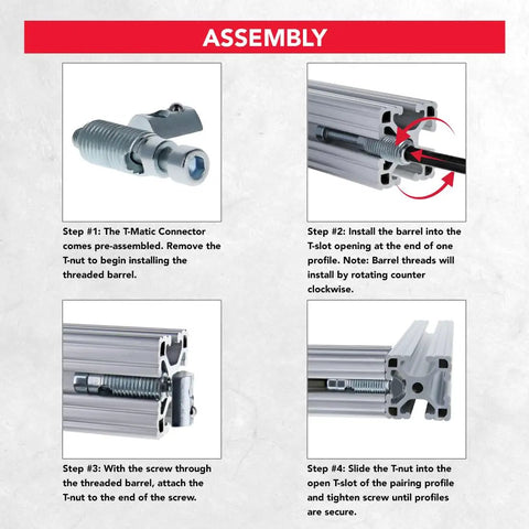 90 Degree Internal T-Matic Connector With Steel Screw Threaded Barrel and T-Nut Assembly Instructions for Aluminum Extrusions