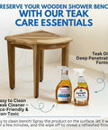 SnazzyCorner Waterproof Teak Shower Bench with teak care products on floor