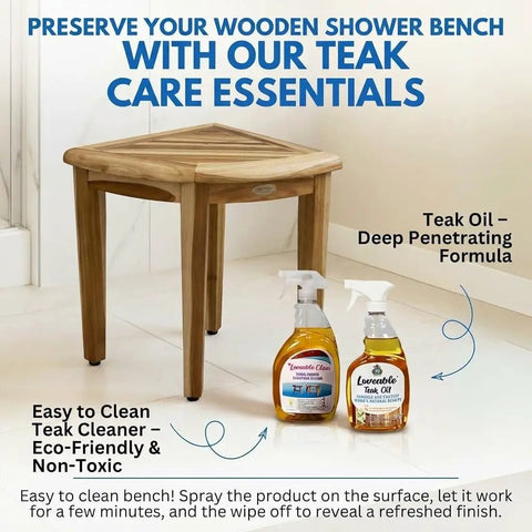 SnazzyCorner Waterproof Teak Shower Bench with teak care products on floor