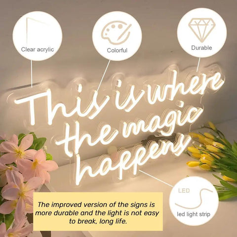 This Is Where The Magic Happens Neon Sign For Wall Decor made from clear acrylic with LED light strip, surrounded by flowers.