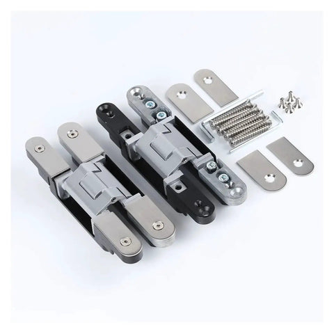Low Profile Hidden Hinge 240 3D Invisible Hinge For Cabinets And Doors, slick finish with screws and mounting plates shown.