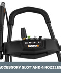 Top view of 1600 PSI Electric Pressure Washer With Rolling Cart showing accessory slot and four nozzles.