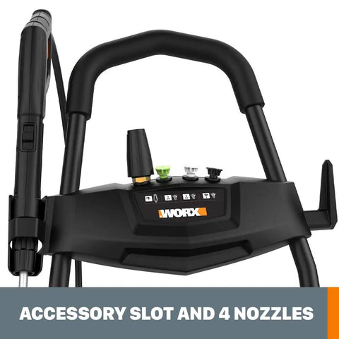 Top view of 1600 PSI Electric Pressure Washer With Rolling Cart showing accessory slot and four nozzles.