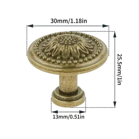 Antique Bronzy Cabinet Knobs Set With Vintage Flower Pattern Drawer Pull Handles for Chest of Drawers 4 Pack, dimensions shown