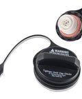 Fuel Tank Cap Replacement For 2009 2015 Mazda 3 CX7 CX9 Black Filler Cover Lid, close-up view with warning text and tethered design.