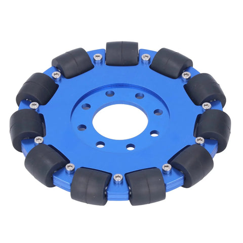5-inch omnidirectional wheel for robots - precision machined aluminum blue hub with silicone rollers
