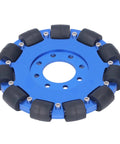 Omni wheel 5in aluminium hub with silicone rollers on blue circular frame for DIY robot projects