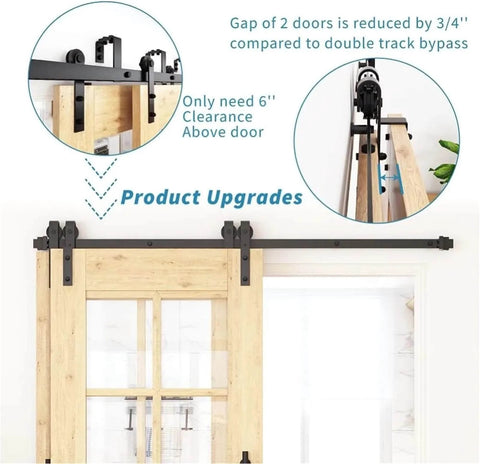 5 Ft Barn Door Hardware Kit For Double Wooden Doors With Flat Track Roller System installed on wooden doors