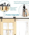 5 Ft Barn Door Hardware Kit For Single Track Double Wooden Doors With Flat Track Roller System Low Ceiling Friendly Smooth And Quiet Sliding Easy Install Dope Rustic Vibe For Home Or Office shown installed with focus on space-saving design and roller detail