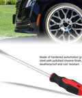 Beefy Heavy Duty Steel Tire Spoon Tool For Cars And Motorcycles, Chrome Vanadium Build With Non Slip Handle in front of car.
