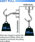 Heavy Duty Magnetic Hooks Set With 85lb Capacity, Neodymium Magnets And Hooks In Silver, Six Pack shown with weight illustration