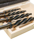 Pro Grade High Speed Steel Spiral Flute Car Reamer Set With Gold Oxide, Four Piece Kit in wooden box, close-up view.