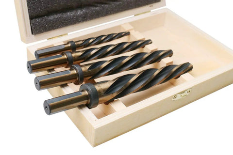 Pro Grade High Speed Steel Spiral Flute Car Reamer Set With Gold Oxide, Four Piece Kit in wooden box, close-up view.