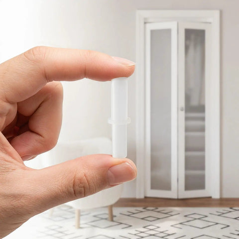 Hand holding part from Beefed Up Bi Fold Door Top Pivot And Guide Replacement Hardware Kit Three Eighths Inch OD near closet doors