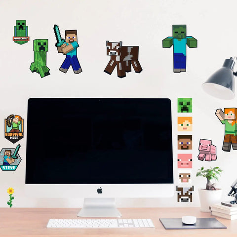 Minecraft Characters Peel And Stick Wall Decals For Kids Bedrooms And Gaming Spaces displayed around computer desk