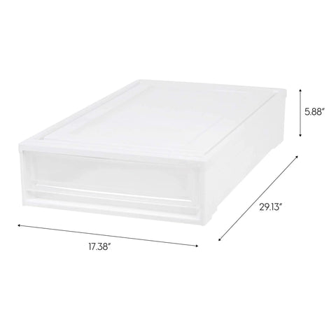 Under Bed Storage Organizer Set With 27 Qt Plastic Stackable Bins And Sliding Drawers, 4 Pack, Space Saver For Clothes Shoes Bedding, Perfect For Dorms And Tiny Spaces, White, dimensions labeled