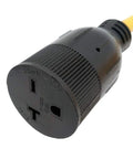 Close-up of the female end of a NEMA 6-20 Extension Cord 6-20P to 6-20R with T Blade Female and 6-15R Adapter, black cylindrical housing.