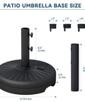 Beefy 82Lb Water Filled Outdoor Umbrella Base Stand for Patio and Garden with adjustable locking knobs, black dimensions chart.
