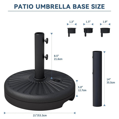 Beefy 82Lb Water Filled Outdoor Umbrella Base Stand for Patio and Garden with adjustable locking knobs, black dimensions chart.
