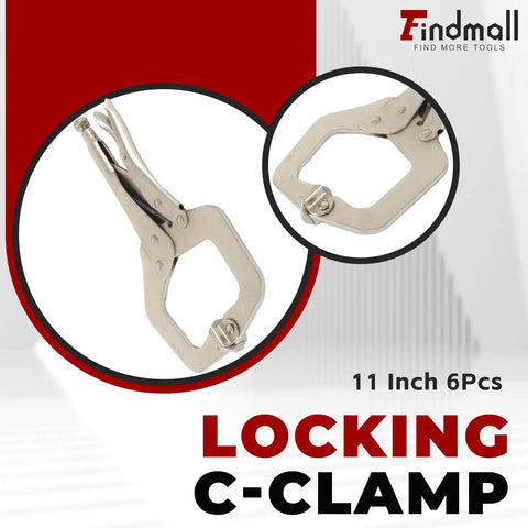 Beefy Six Pack 11 Inch Locking C Clamps With Swivel Pads Heavy Duty C Type Vise Grips showcased on red and white background.