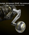 Badass Offshore Beast Saltwater Spinning Fishing Reel 6000 Size Gold Construction featuring a sturdy CNC aluminum handle arm and knob.