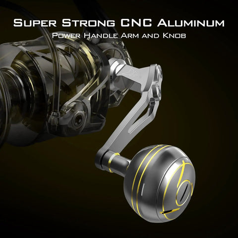 Badass Offshore Beast Saltwater Spinning Fishing Reel 6000 Size Gold Construction featuring a sturdy CNC aluminum handle arm and knob.