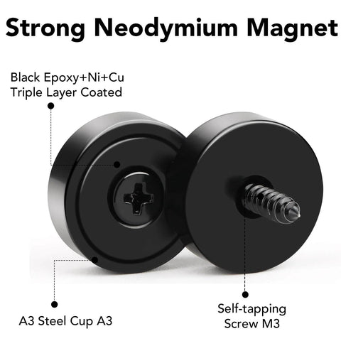 Heavy Duty Neodymium Magnets Set, 36 Countersunk Magnets with screws, triple-layer coated in steel cups, close-up view