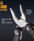 Mini multitool with spring-loaded pliers, knife blade, and wire cutter/stripper; compact pocket tool