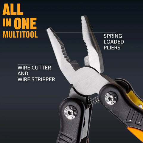 Mini multitool with spring-loaded pliers, knife blade, and wire cutter/stripper; compact pocket tool