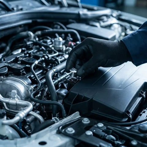 Hand in a black glove installing a bolt from the Top Shelf 14 Pc Engine Under Cover Hardware Kit on Honda engine components.