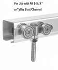 Four Wheel Trolley Assembly With Silent Wheels For Barn Doors Sliding Doors And Garage Doors Fits 1-5/8 Inch Wide And Taller Hanging Track 4 Pack Hidden Bolt Design For Smooth Quiet Operation For Long Lasting Performance, showing side view installed on track.