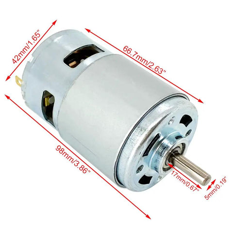 Beefy 12V To 24V DC Motor With 6000 To 12000 RPM Double Ball Bearing High Torque Low Noise With Bracket, dimensions labeled