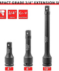 Heavy Duty 3 Piece 3/4 Inch Drive Impact Extension Bar Set With 4 6 And 10 Inch Options showing Cr-Moly steel construction.