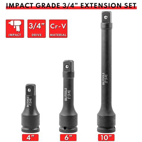 Heavy Duty 3 Piece 3/4 Inch Drive Impact Extension Bar Set With 4 6 And 10 Inch Options showing Cr-Moly steel construction.