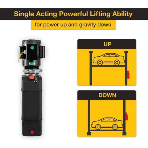 Dawot 3HP Single Acting Hydraulic Power Unit With 220V Motor And 2950 PSI Max Pressure showing lifting function for car lifts.
