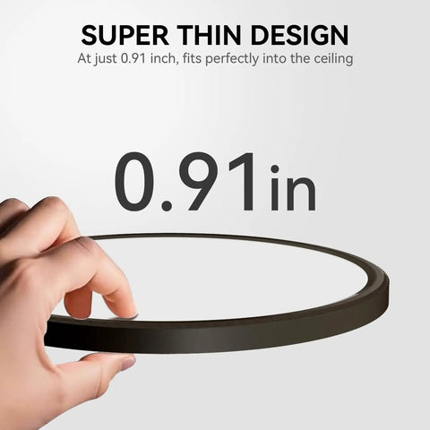 Hand holding ultra-thin LED panel, 4 Pack Ultra Thin 9 Inch LED Ceiling Light Flush Mount 2800 Lumens 5000K Daylight Undimmable Black Finish