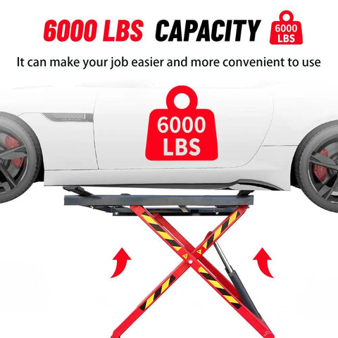 Built like a Tank Heavy Duty Portable Mid Rise Scissor Lift with 6000lbs Capacity lifting a vehicle at 48 inch height.
