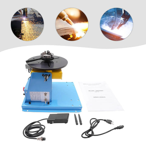 Rock Solid Welding Positioner Rotary Table For Pipe And Tank Jobs With Precision Three Jaw Chuck and Heat Resistant Steel Build, showing control panel and foot pedal.