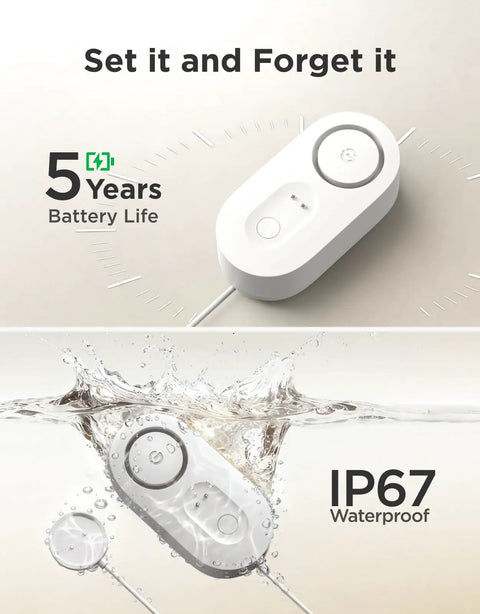 Upgraded Smart Water Leak Detector With 4.92 Ft Cable, WiFi Sensor, 5-year battery, IP67 waterproof, 3 pack in white.