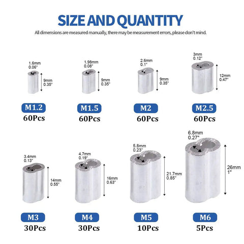 315 Piece Aluminum Crimping Loop Sleeve Ferrule Kit For Wire Rope And Cable Ends With 8 Sizes From M1.2 To M6 on display