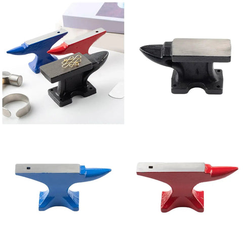Round Iron Jewelry Anvil Set for Metalworking Tools with smooth hammering surface in black, blue, and red finishes.