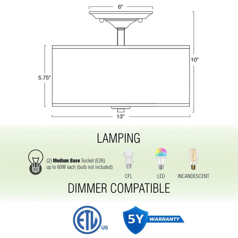 Addison 13 Inch Dope Modern Drum Semi Flush Mount Ceiling Light diagram with dimensions and bulb compatibility