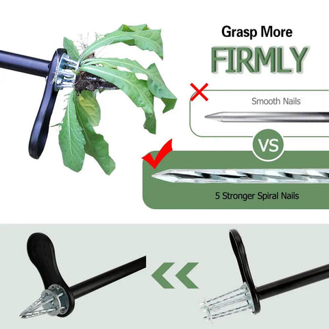 Back-Saving Stand Up Weeder With 37 Inch Handle For Root Removal showing spiral nails gripping weed root.