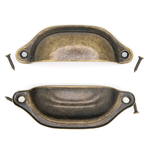 Vintage Seashell Shaped Cup Pulls Set In Antique Bronze Finish For Cabinets And Drawers, 8 Pack Iron Hardware, displayed with screws